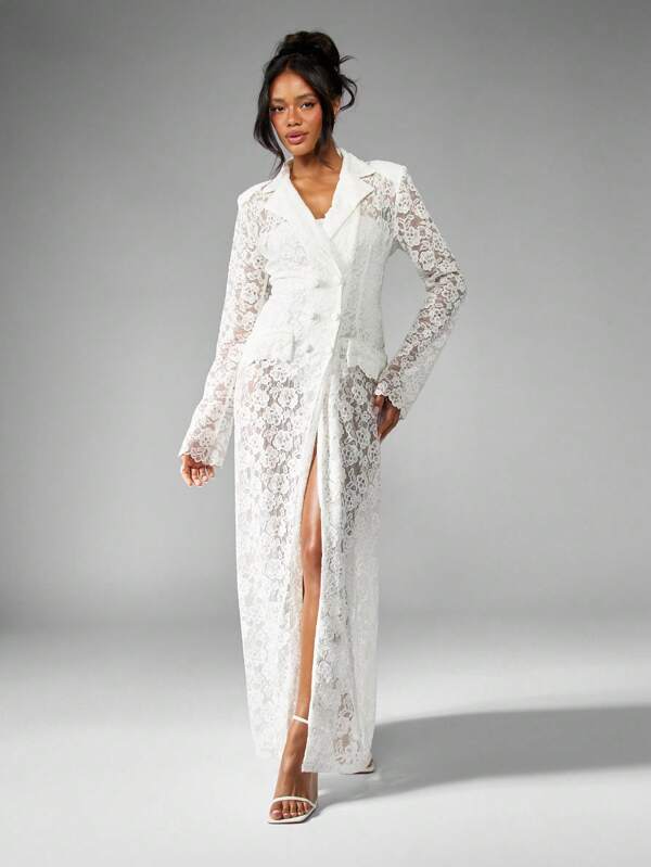 missguided MISSGUIDED Long Sleeve Floor Length Blazer Style Lace Dress