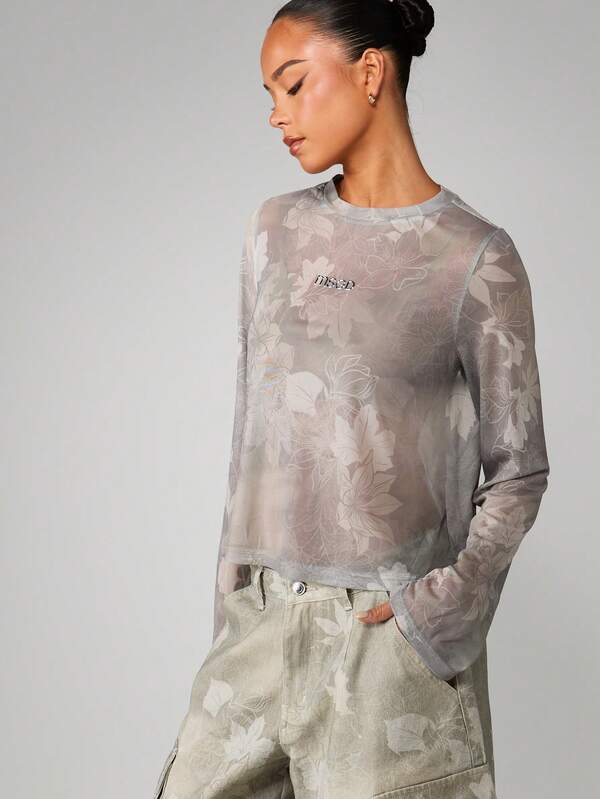 missguided MISSGUIDED Long Sleeve Floral Camouflage Print Top