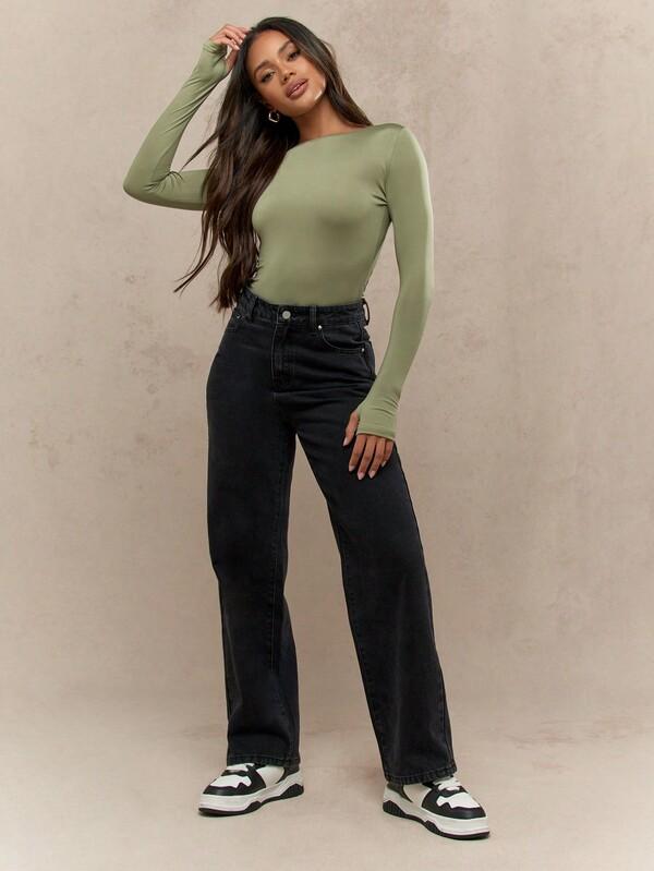 Missguided MISSGUIDED Long Sleeve Form Fitting Top With Thumb Holes