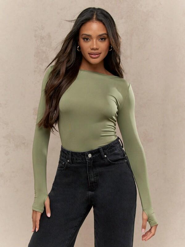 missguided MISSGUIDED Long Sleeve Form Fitting Top With Thumb Holes