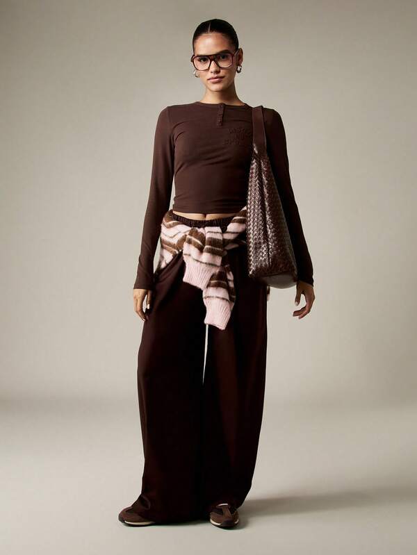 Missguided MISSGUIDED Long Sleeve Henley Crop Top With Embossed Logo