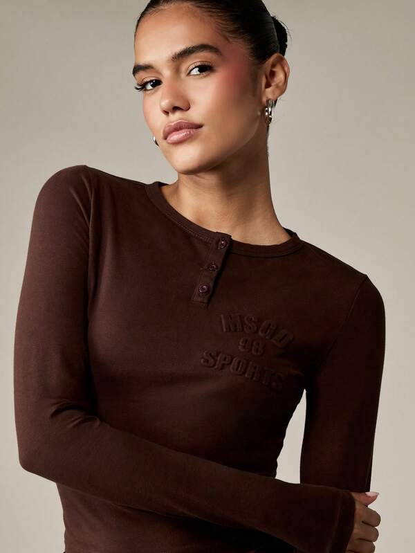 Missguided MISSGUIDED Long Sleeve Henley Crop Top With Embossed Logo