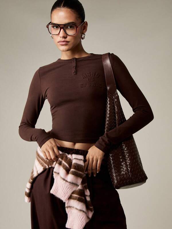 missguided MISSGUIDED Long Sleeve Henley Crop Top With Embossed Logo