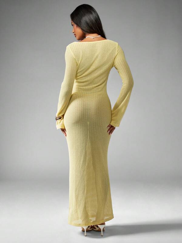 Missguided MISSGUIDED Long Sleeve Knit Maxi Dress With Cut Out Crochet Pattern
