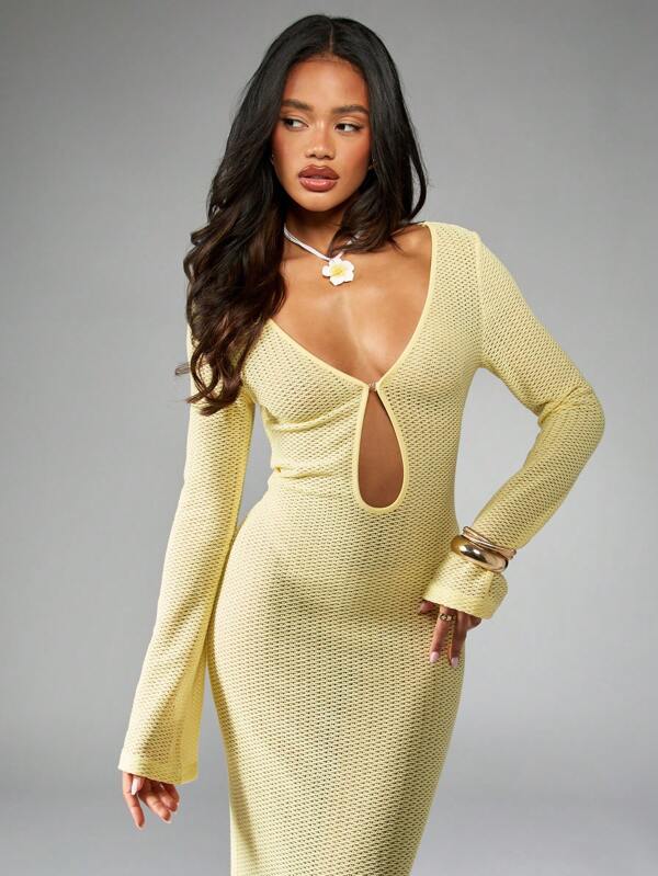 Missguided MISSGUIDED Long Sleeve Knit Maxi Dress With Cut Out Crochet Pattern