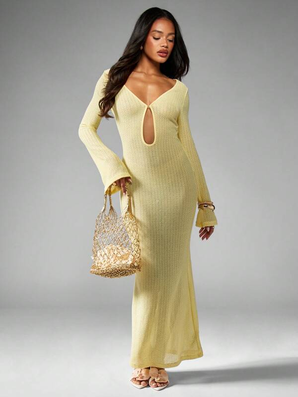 Missguided MISSGUIDED Long Sleeve Knit Maxi Dress With Cut Out Crochet Pattern