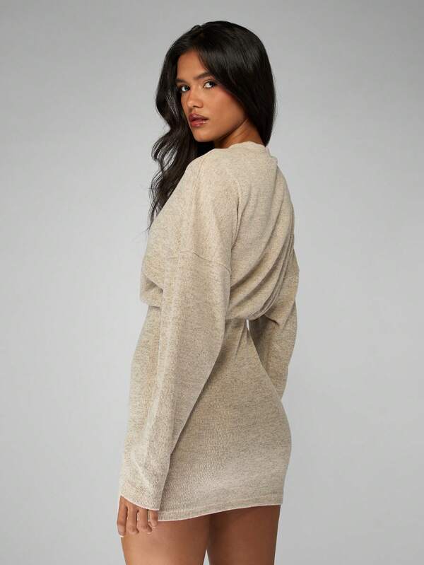 Missguided MISSGUIDED Long Sleeve Knitted Mini Dress Elegant Ribbed Sweater Dress Winter Layering Fall Party Club Night Out Modern Fashion