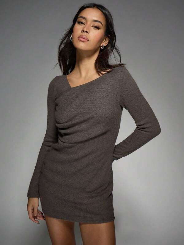 missguided MISSGUIDED Long Sleeve Knitted Mini Dress With Ruched Front