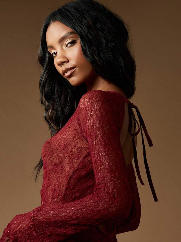 Missguided MISSGUIDED Long Sleeve Lace Mini Dress With Open Back And Bell Sleeves