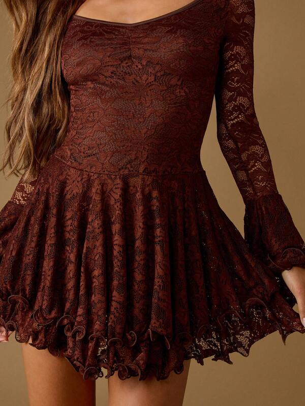 Missguided MISSGUIDED Long Sleeve Lace Mini Dress With Ruffle Hem