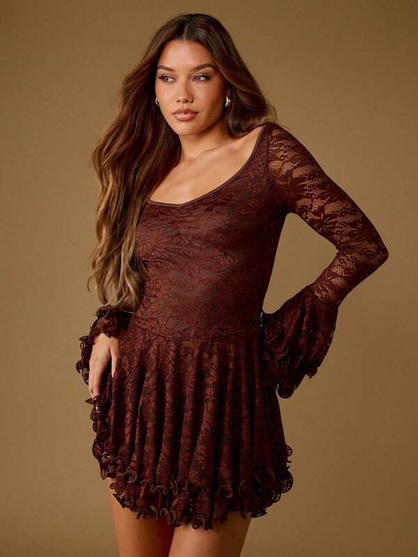 missguided MISSGUIDED Long Sleeve Lace Mini Dress With Ruffle Hem