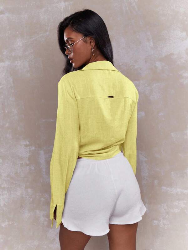 Missguided MISSGUIDED Long Sleeve Linen Blouse With Front Tie Button Down And Collar