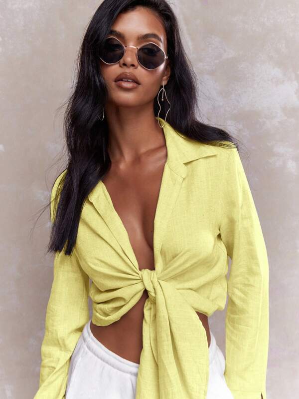 Missguided MISSGUIDED Long Sleeve Linen Blouse With Front Tie Button Down And Collar