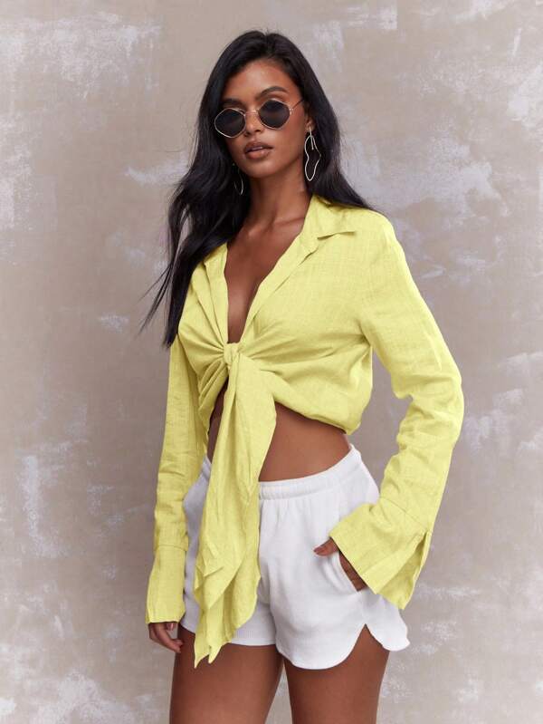 missguided MISSGUIDED Long Sleeve Linen Blouse With Front Tie Button Down And Collar