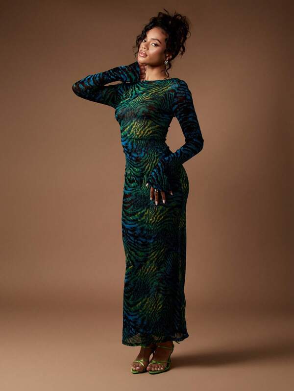 Missguided MISSGUIDED Long Sleeve Mesh Bodycon Maxi Dress