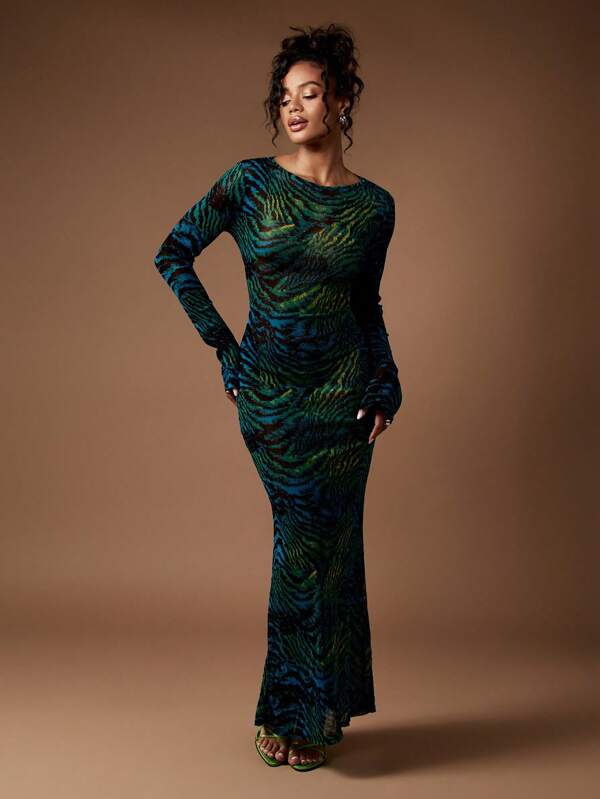 missguided MISSGUIDED Long Sleeve Mesh Bodycon Maxi Dress