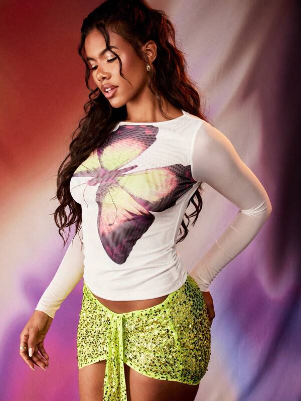 Missguided MISSGUIDED Long Sleeve Mesh Butterfly Print Top