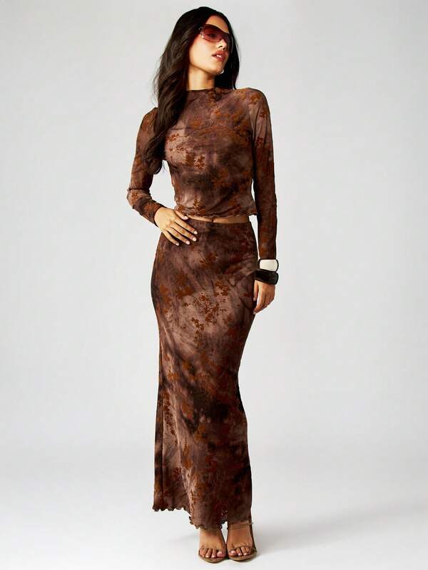 missguided MISSGUIDED Long Sleeve Mesh Tie Dye Two Piece Set