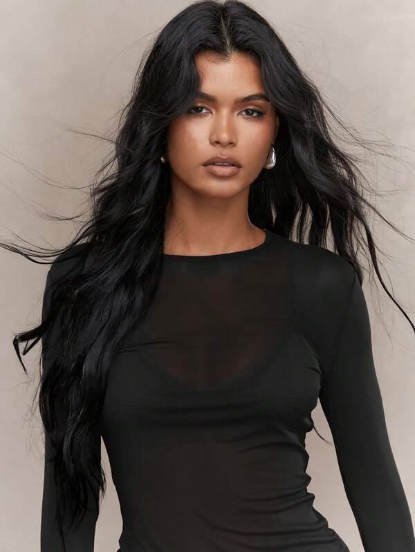 Missguided MISSGUIDED Long Sleeve Mesh Top With Fitted Design