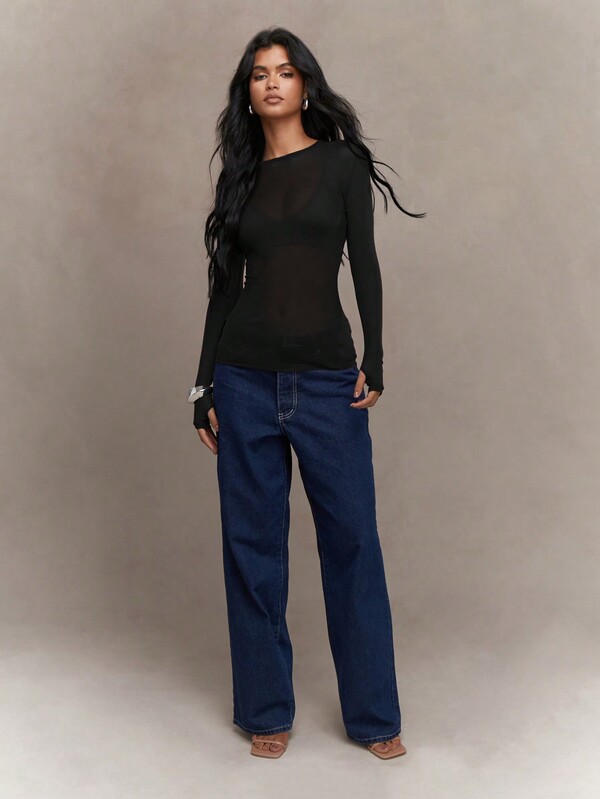 Missguided MISSGUIDED Long Sleeve Mesh Top With Fitted Design