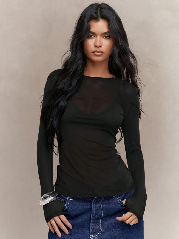 missguided MISSGUIDED Long Sleeve Mesh Top With Fitted Design