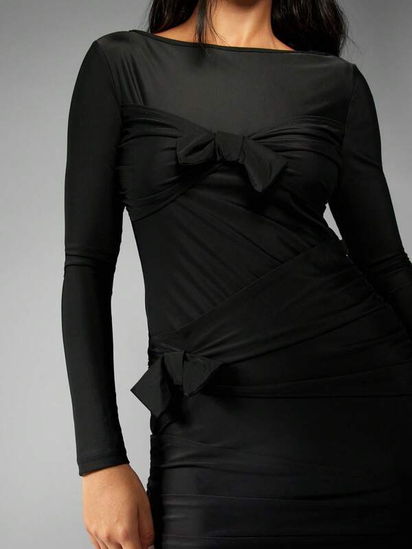 Missguided MISSGUIDED Long Sleeve Mini Dress With Bow Details And Ruching