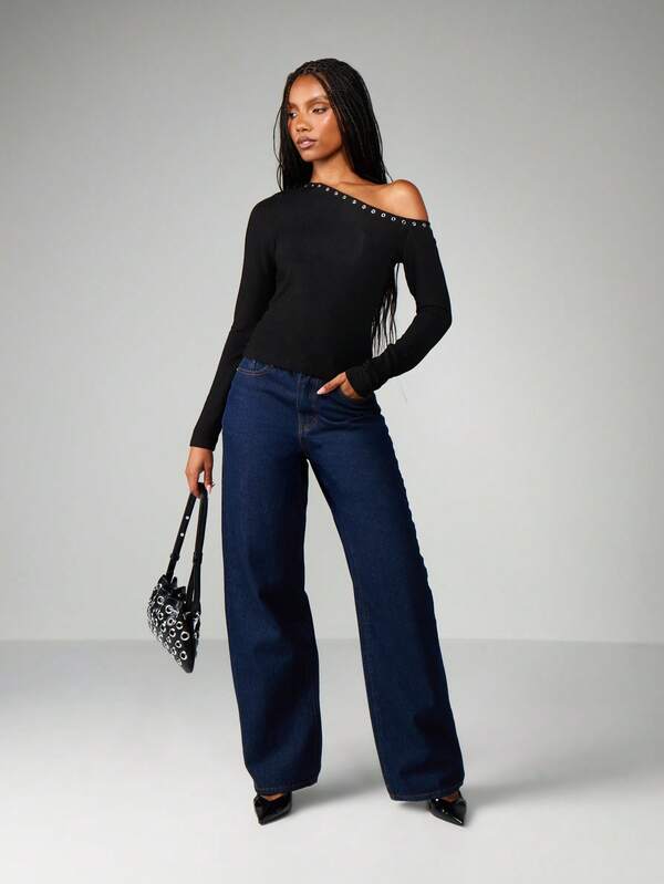 Missguided MISSGUIDED Long Sleeve Off Shoulder Eyelet Ribbed Top