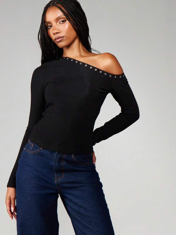 missguided MISSGUIDED Long Sleeve Off Shoulder Eyelet Ribbed Top