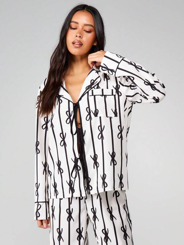 Missguided MISSGUIDED Long Sleeve Pajama Set With Bow Print