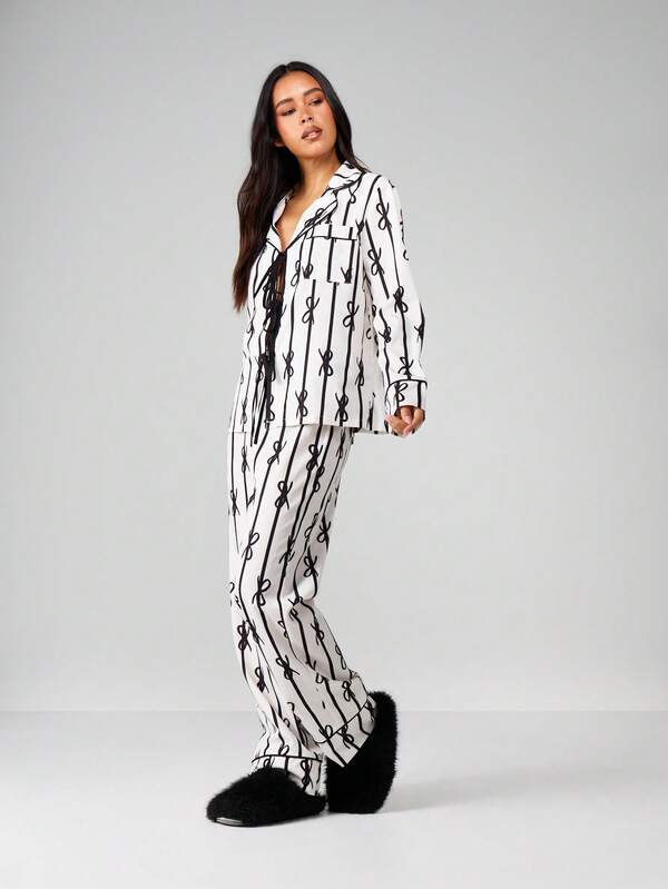Missguided MISSGUIDED Long Sleeve Pajama Set With Bow Print
