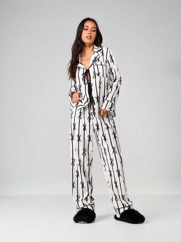missguided MISSGUIDED Long Sleeve Pajama Set With Bow Print