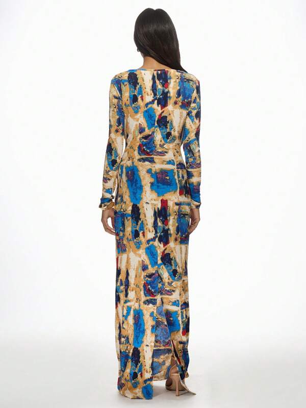 Missguided MISSGUIDED Long Sleeve Plunge Front Abstract Print Empire Waist Maxi Dress