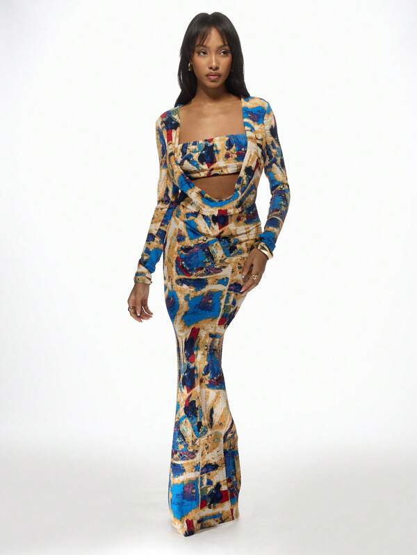 Missguided MISSGUIDED Long Sleeve Plunge Front Abstract Print Empire Waist Maxi Dress