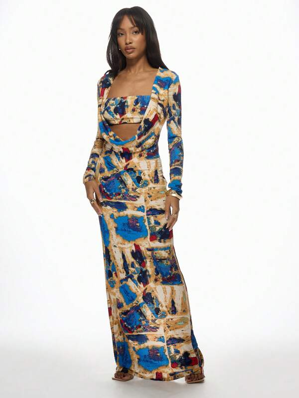 missguided MISSGUIDED Long Sleeve Plunge Front Abstract Print Empire Waist Maxi Dress
