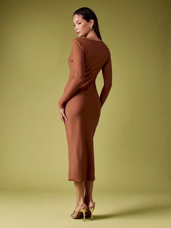 Missguided MISSGUIDED Long Sleeve Plunge Neck Fitted Midi Dress