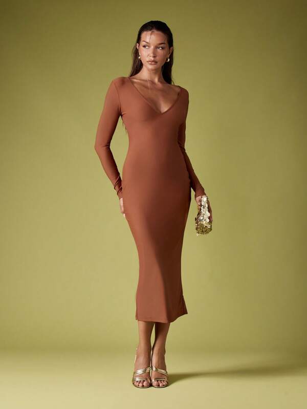 missguided MISSGUIDED Long Sleeve Plunge Neck Fitted Midi Dress