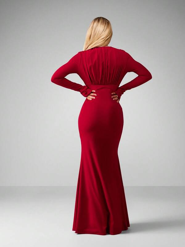 Missguided MISSGUIDED Long Sleeve Plunge Neck Ruched Maxi Dress