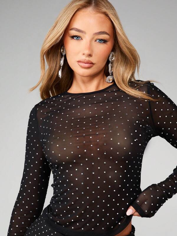 missguided MISSGUIDED Long Sleeve Polka Dot Mesh Top