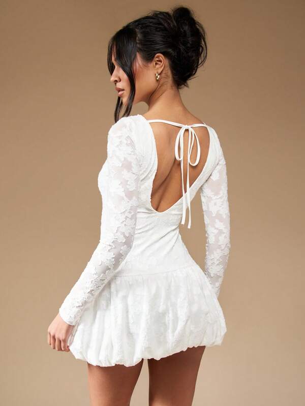 Missguided MISSGUIDED Long Sleeve Puffball Lace Overlay Mini Dress
