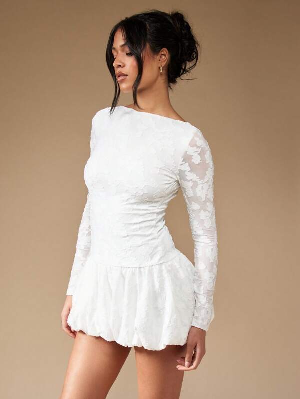 Missguided MISSGUIDED Long Sleeve Puffball Lace Overlay Mini Dress