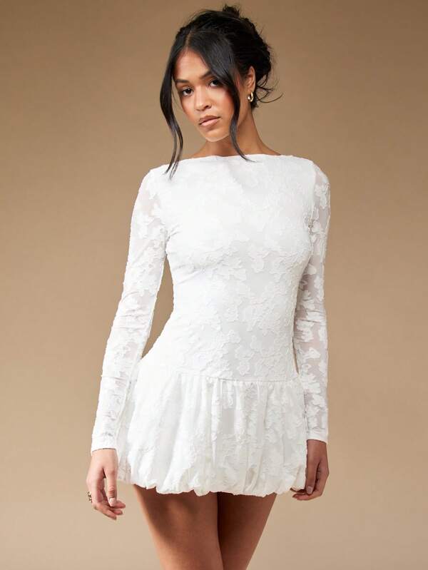 missguided MISSGUIDED Long Sleeve Puffball Lace Overlay Mini Dress