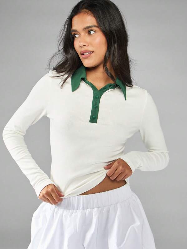 missguided MISSGUIDED Long Sleeve Ribbed Polo Top With Contrast Collar
