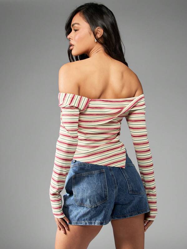 Missguided MISSGUIDED Long Sleeve Ribbed Striped Off Shoulder Top