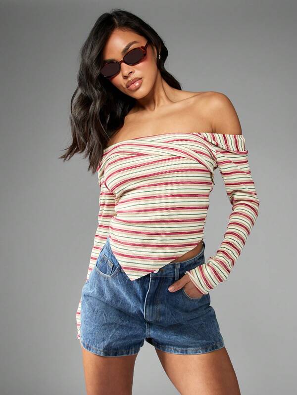 Missguided MISSGUIDED Long Sleeve Ribbed Striped Off Shoulder Top