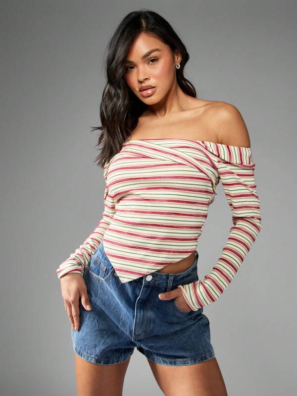 missguided MISSGUIDED Long Sleeve Ribbed Striped Off Shoulder Top
