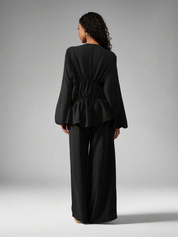 Missguided MISSGUIDED Long Sleeve Ruched Blouse And Wide Leg Pants Set