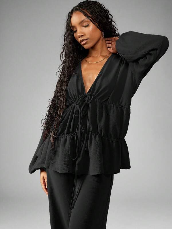 Missguided MISSGUIDED Long Sleeve Ruched Blouse And Wide Leg Pants Set