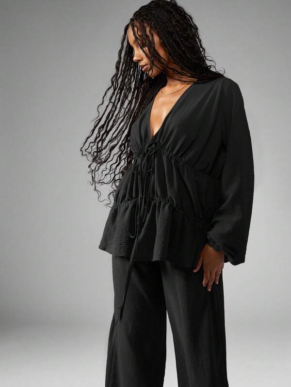 Missguided MISSGUIDED Long Sleeve Ruched Blouse And Wide Leg Pants Set