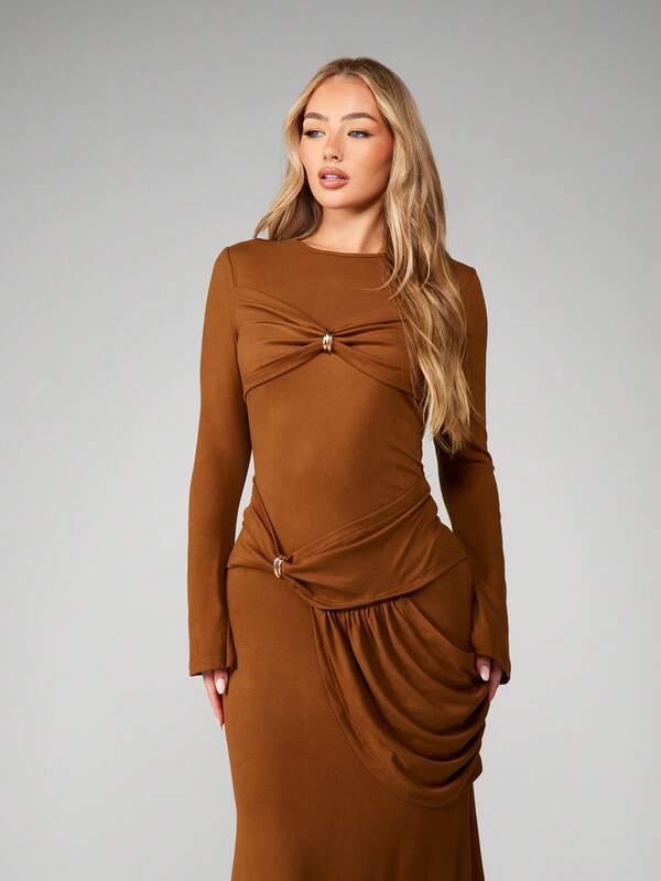 Missguided MISSGUIDED Long Sleeve Ruched Bodycon Maxi Dress