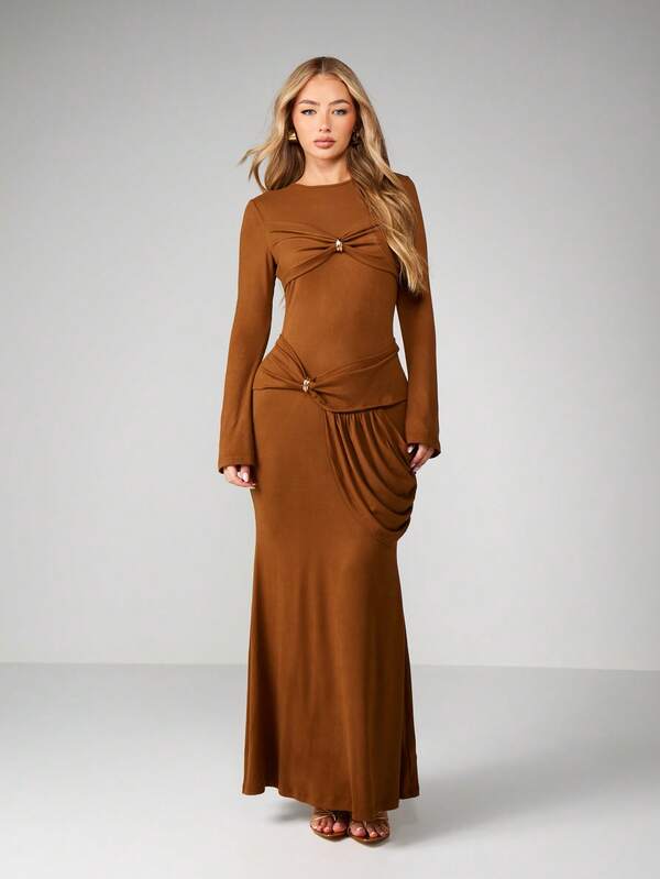 missguided MISSGUIDED Long Sleeve Ruched Bodycon Maxi Dress